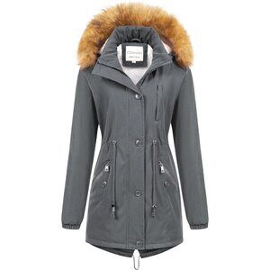 Women's Grey Insulated Jacket Soft Fleece Snow Faux Fur Coat